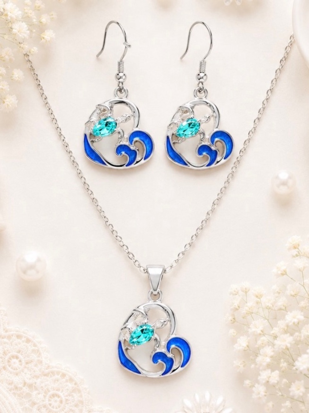 Blue Heart Turtle Pendant Necklace and Earring Set